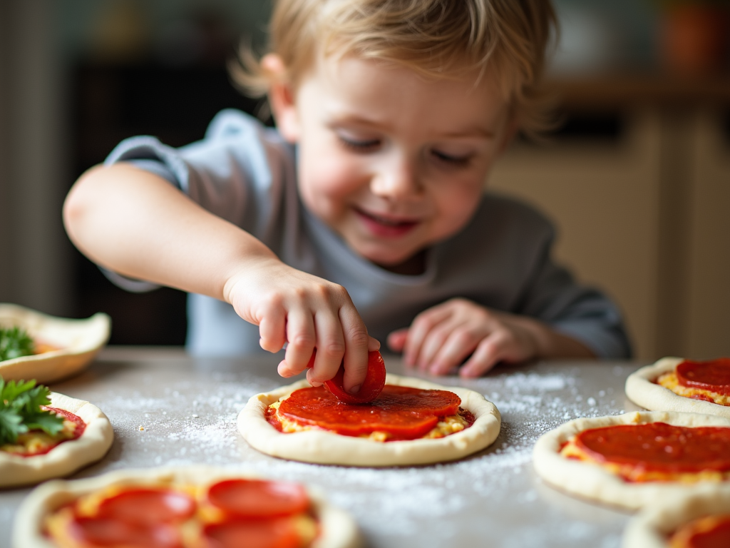 Child making mini pizzas