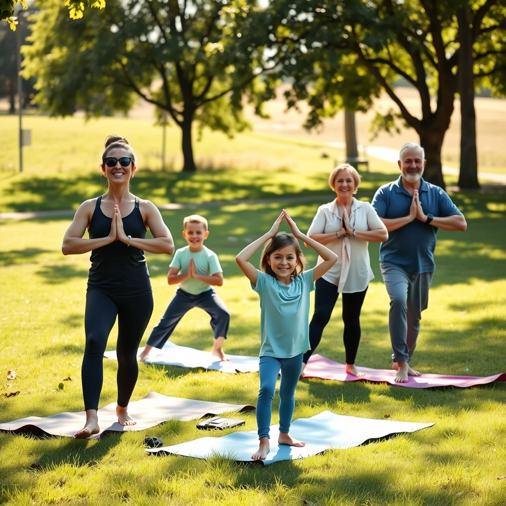 Multigenerational family enjoying an outdoor yoga session in a park