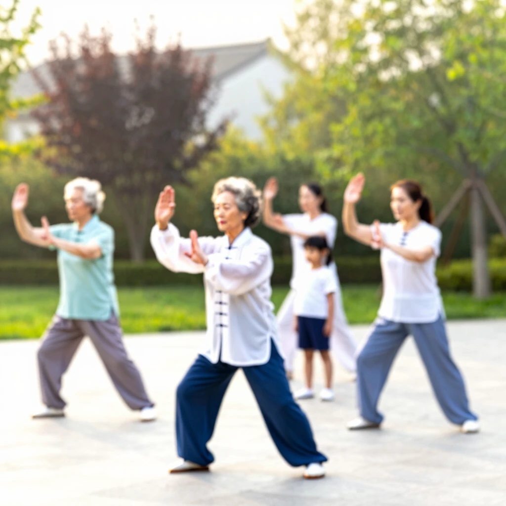 Family doing tai chi in a garden