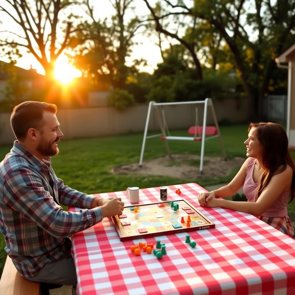 A family of three playing a board game in a serene backyard at sunset.