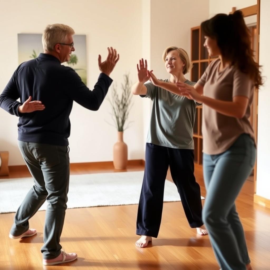 A family practicing Tai Chi together in a cozy, softly lit room with warm wooden floors.