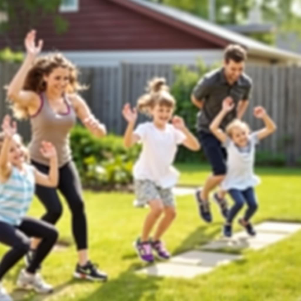 A family working out together in their backyard.