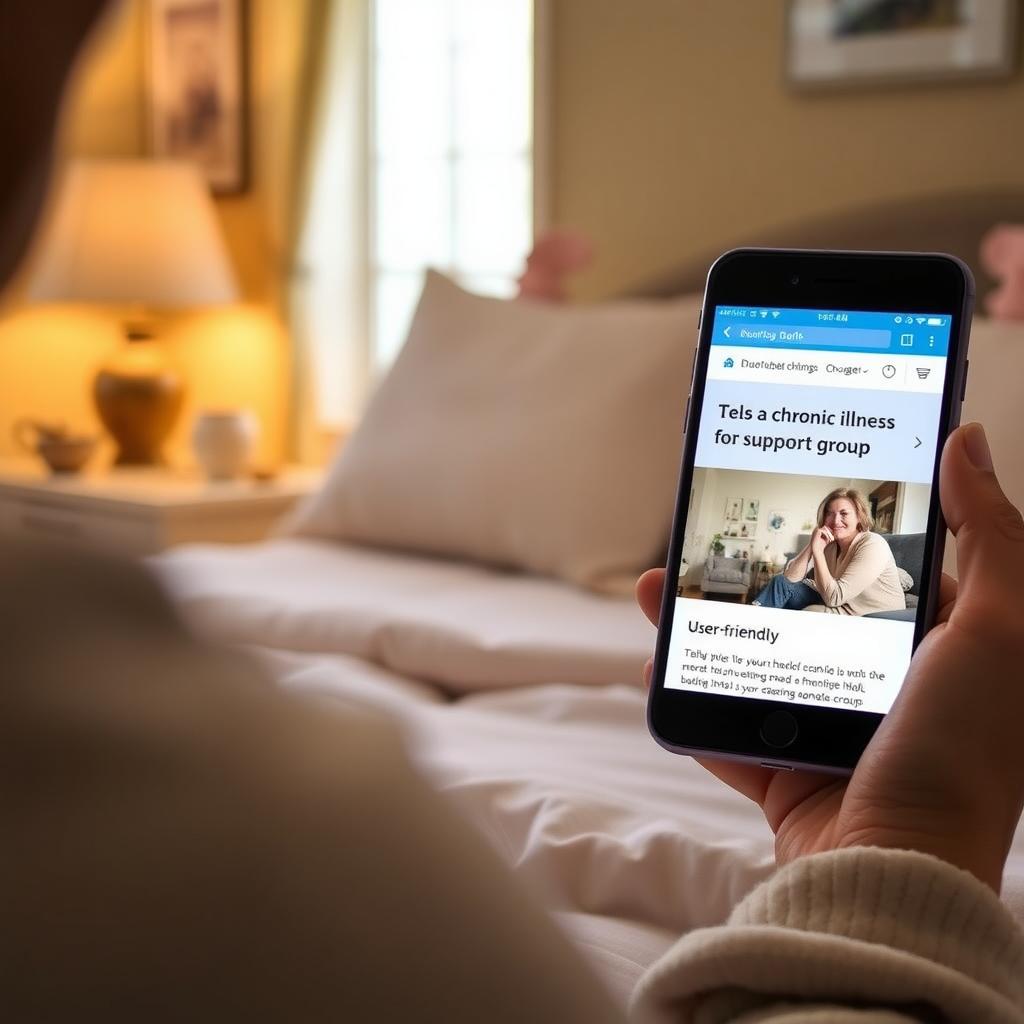 A person browsing a chronic illness support group website on a smartphone in a cozy bedroom.