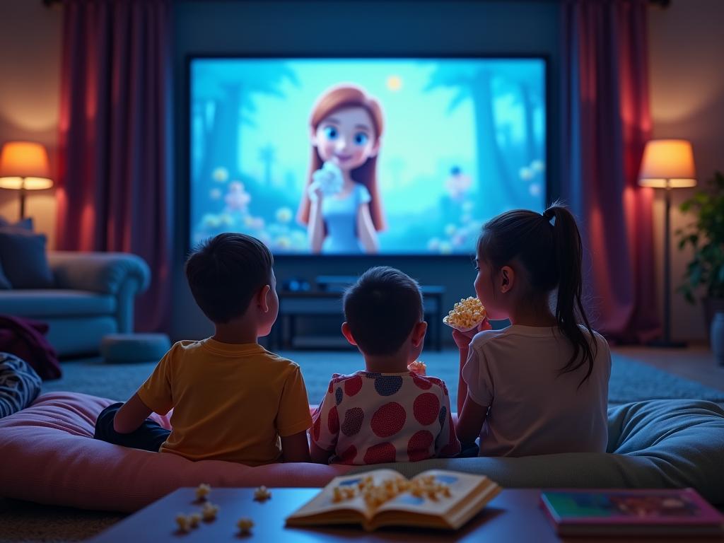 Families at a library movie screening