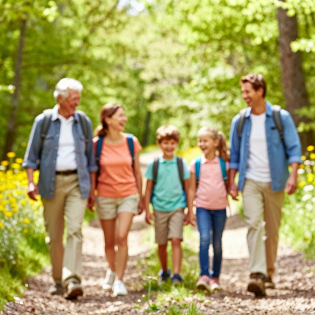Multigenerational family enjoying a hike in the forest