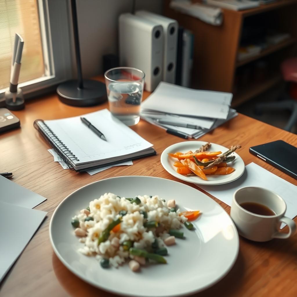 A desk with a notebook, water, and allergen-free food, reflecting the challenges of managing Chronic FPIES.