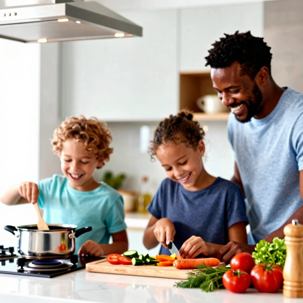 Family happily cooking together in the kitchen