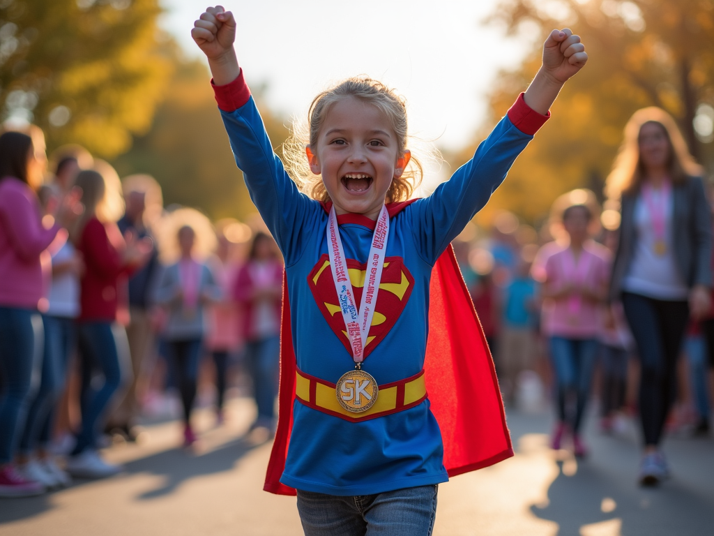 Girl with 5K medal and proud parents