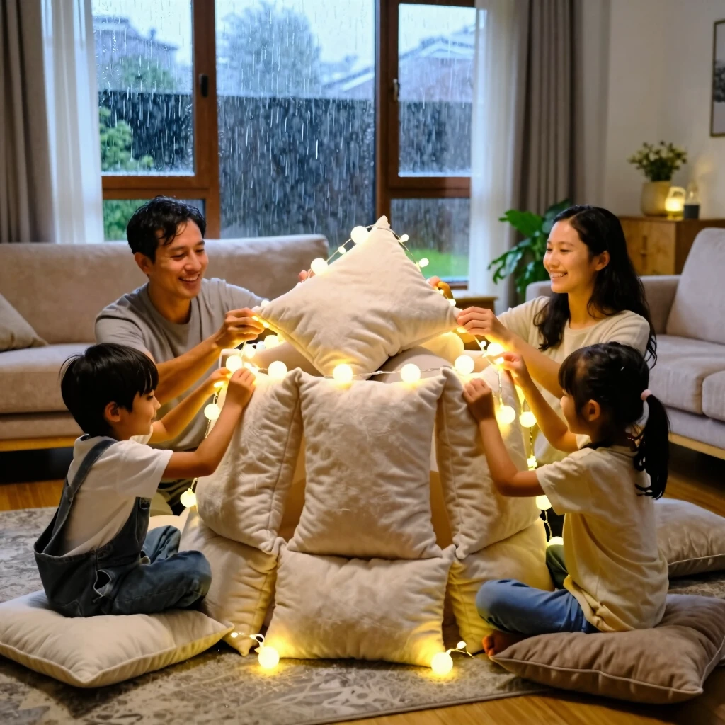 Family creating a pillow fort indoors during rain