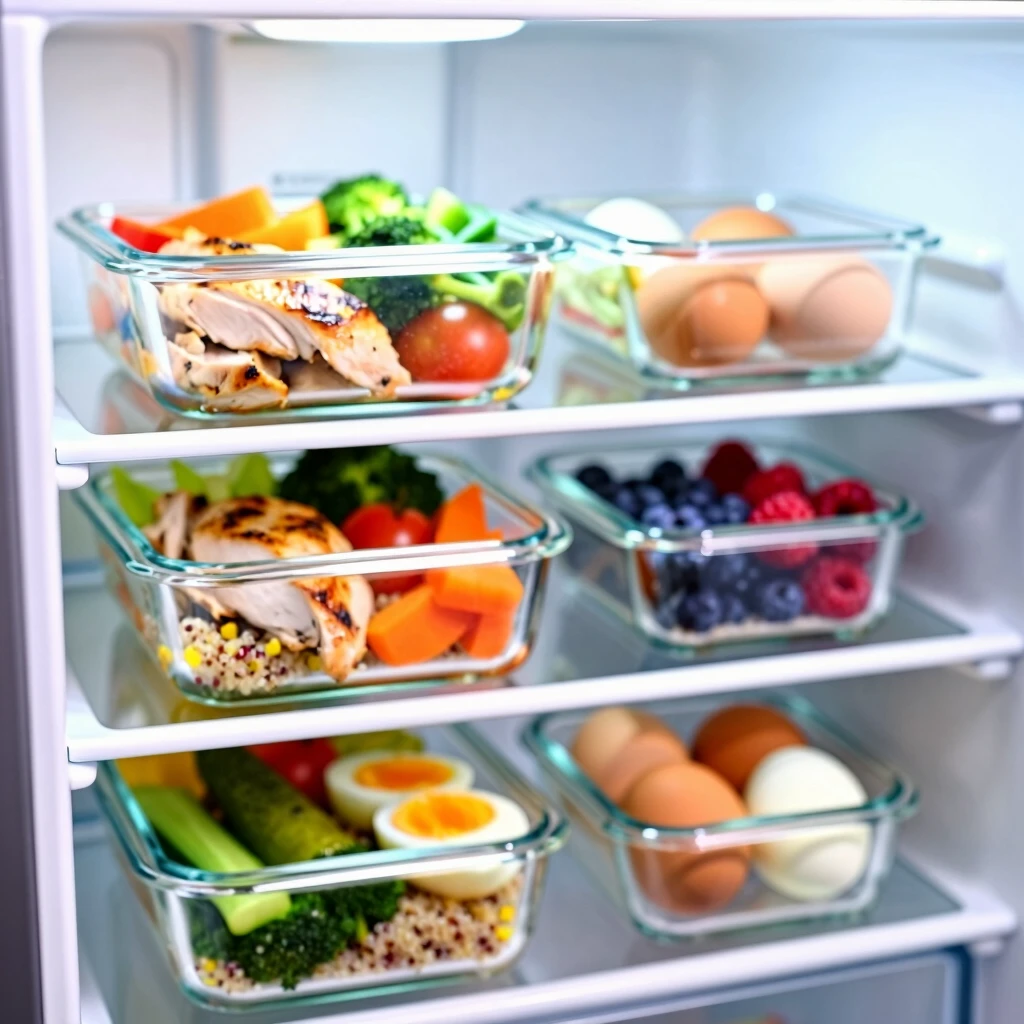 Organized fridge with healthy meal prep containers