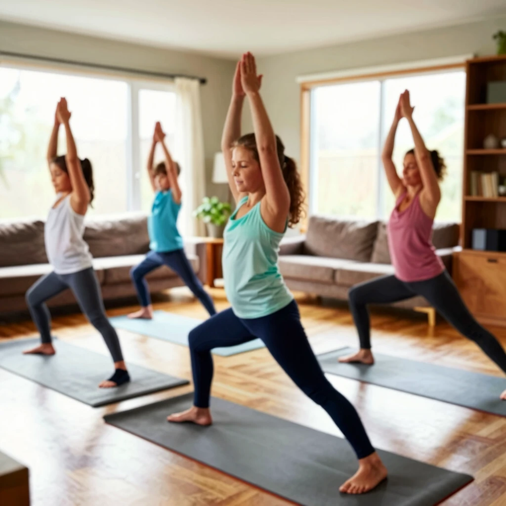 Family practicing yoga at home