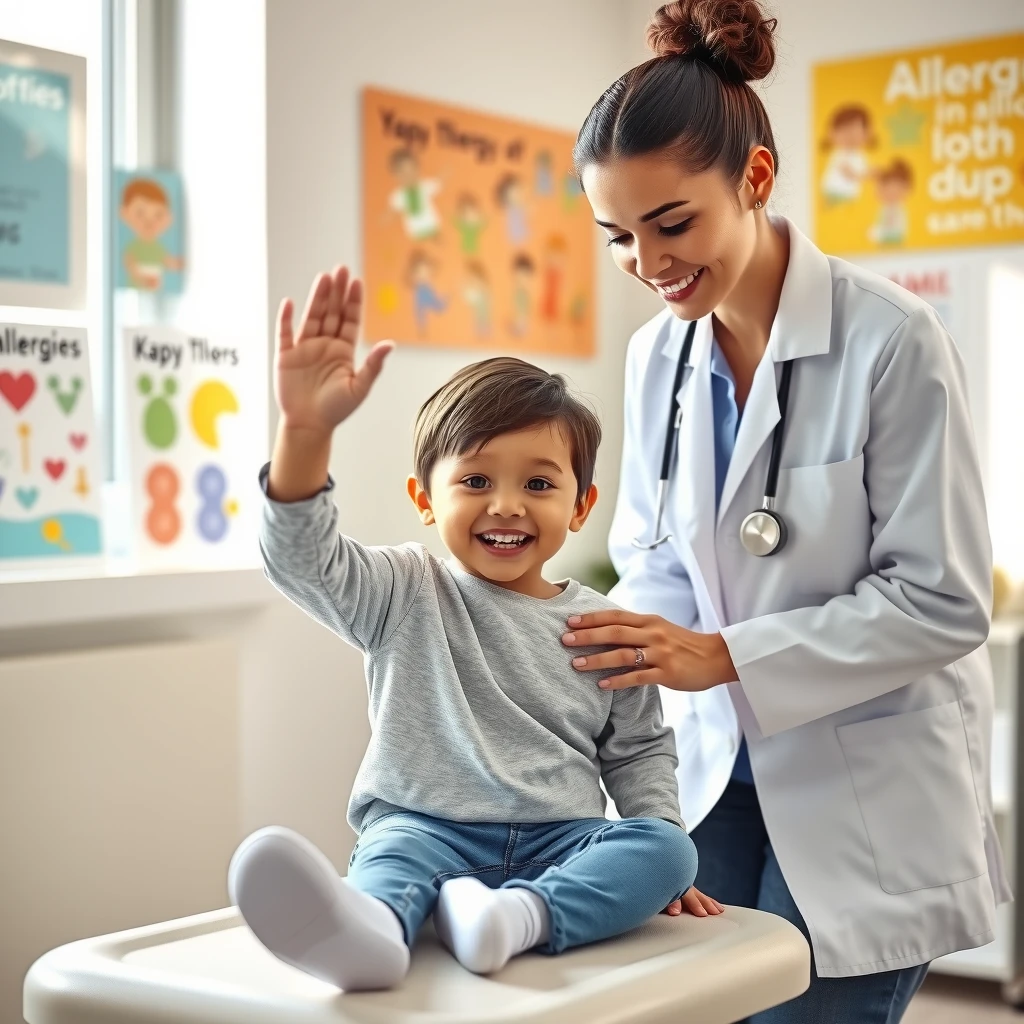 Young child celebrating progress in food allergy management with their doctor