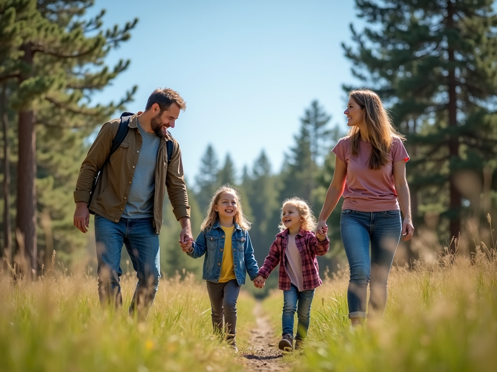 A family hiking in a forest, enjoying nature and each other's company.