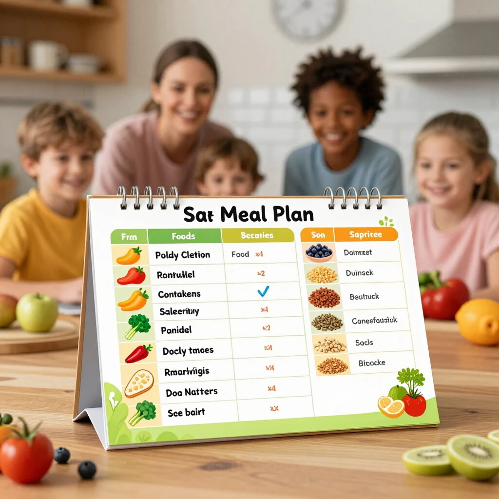 Colorful safe meal plan for child with food allergies on kitchen table with happy family