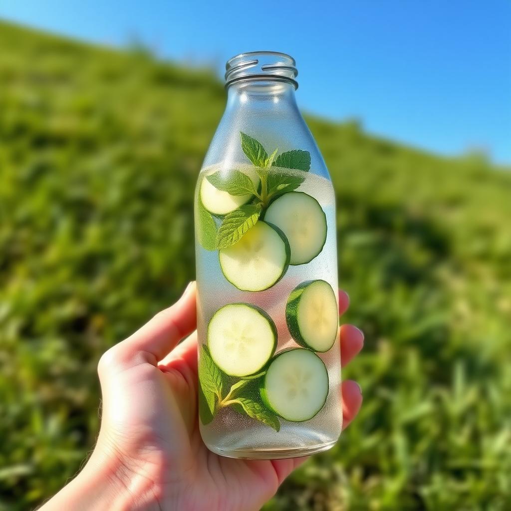 A hand holding a glass water bottle with cucumber slices and mint leaves, set against a grassy outdoor background with a clear sky.