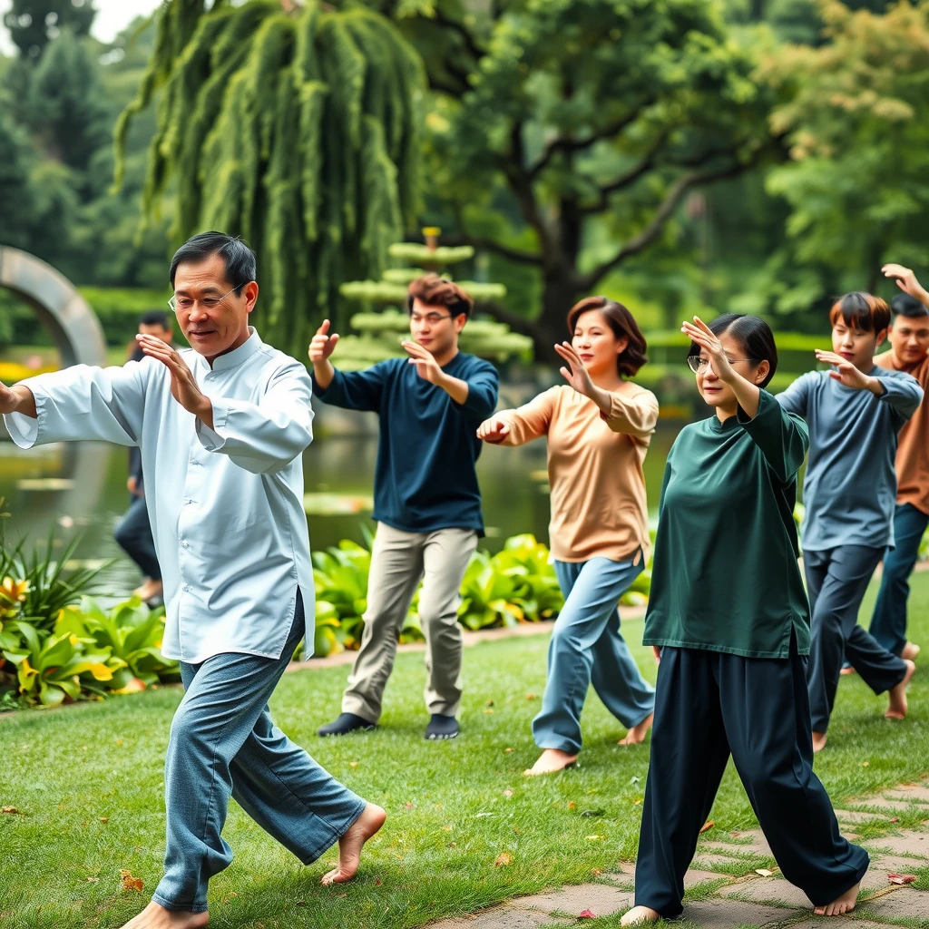 Group of beginners doing Tai Chi in a garden