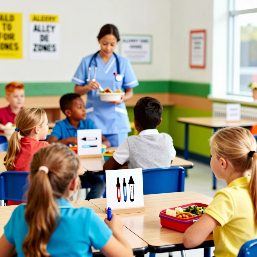 School nurse monitoring lunch in a classroom to manage food allergies
