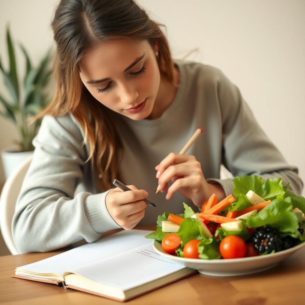 Woman writing in a food journal beside a healthy meal.