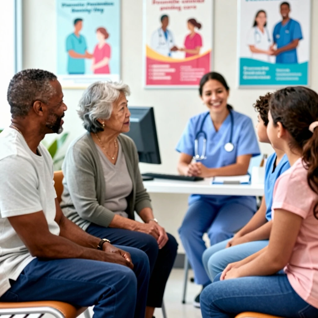 Diverse patients consulting in a welcoming community health center