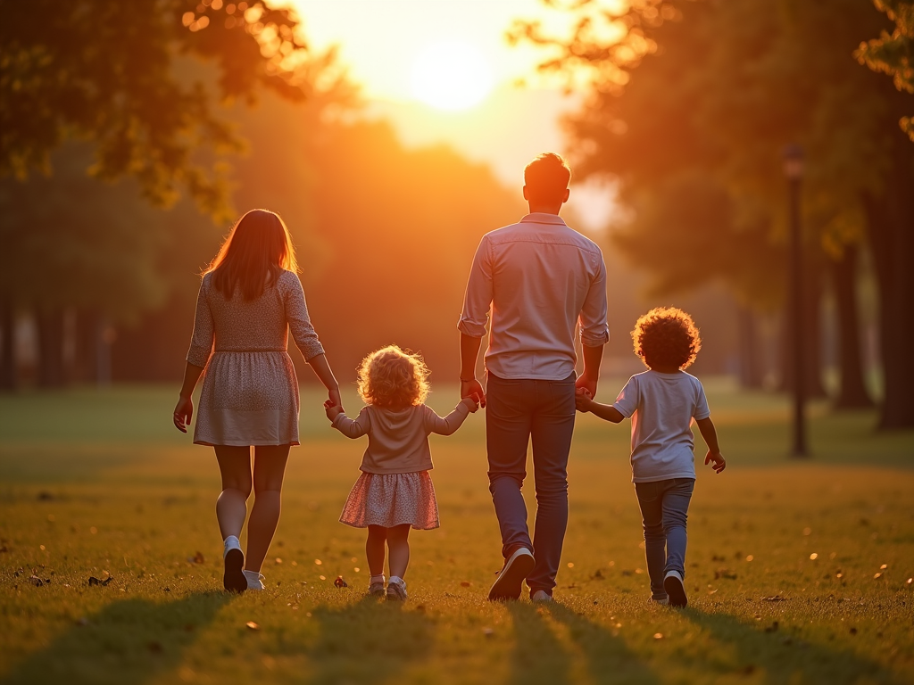A happy family walking together in a park at sunset.