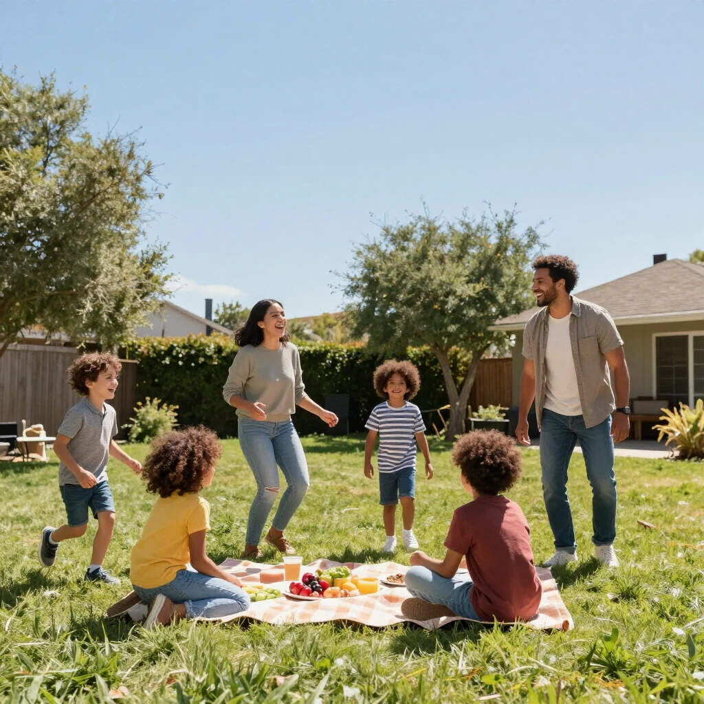 Diverse family enjoying a picnic and playing tag in the backyard