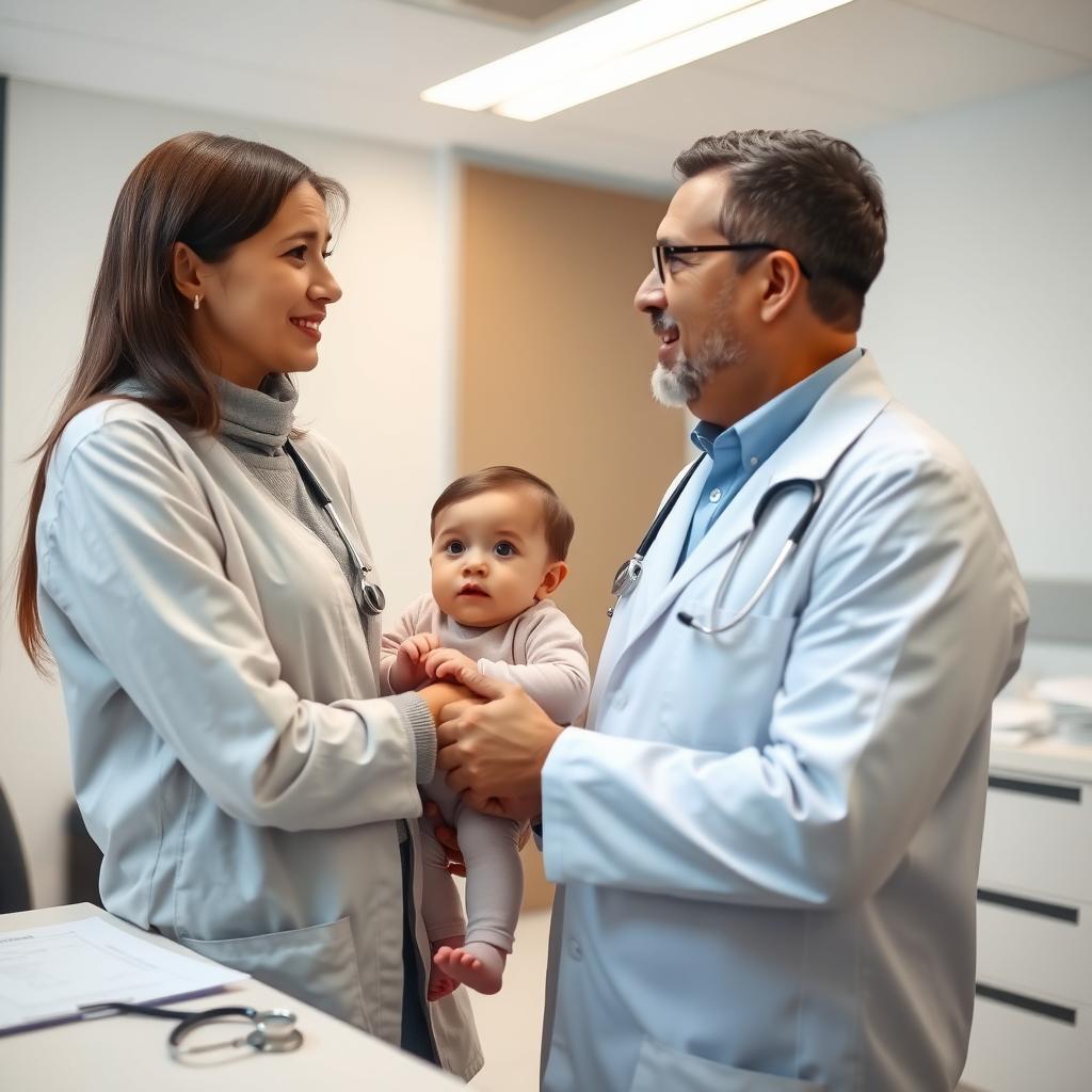 Pediatrician discussing FPIES diagnosis with a parent and child in a clinic.