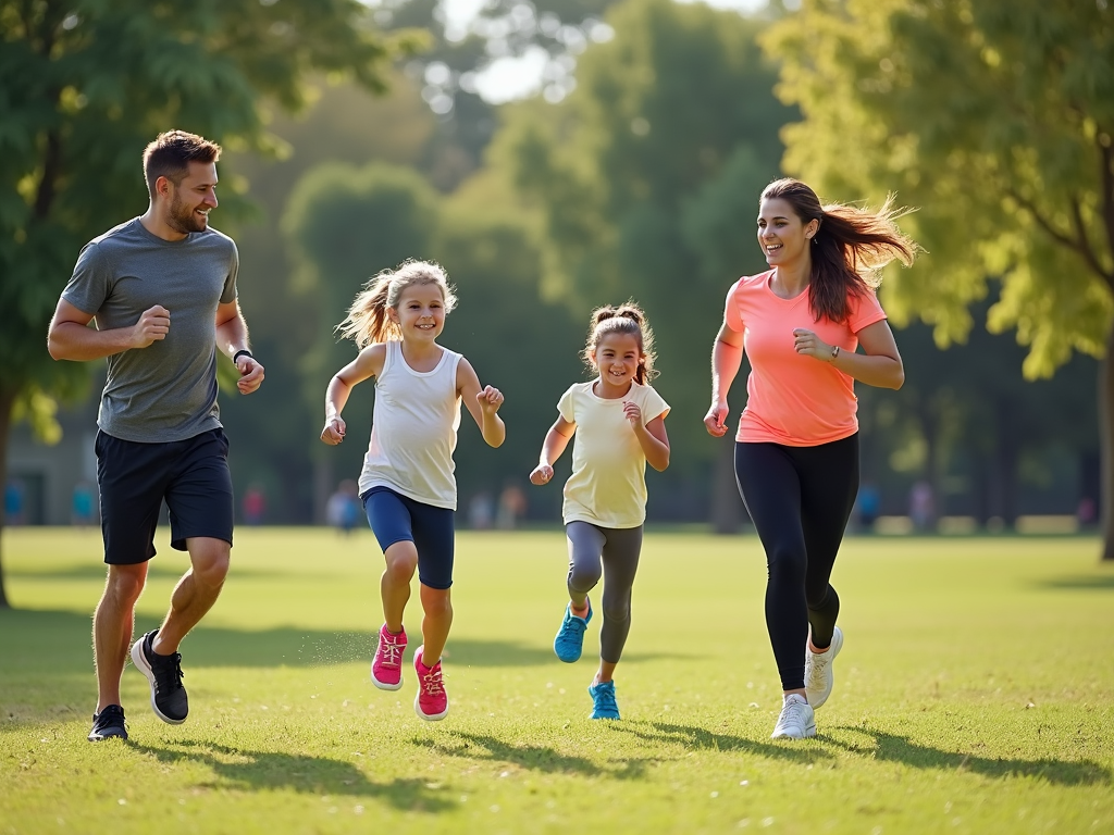 Family participating in a fitness program, staying active together.