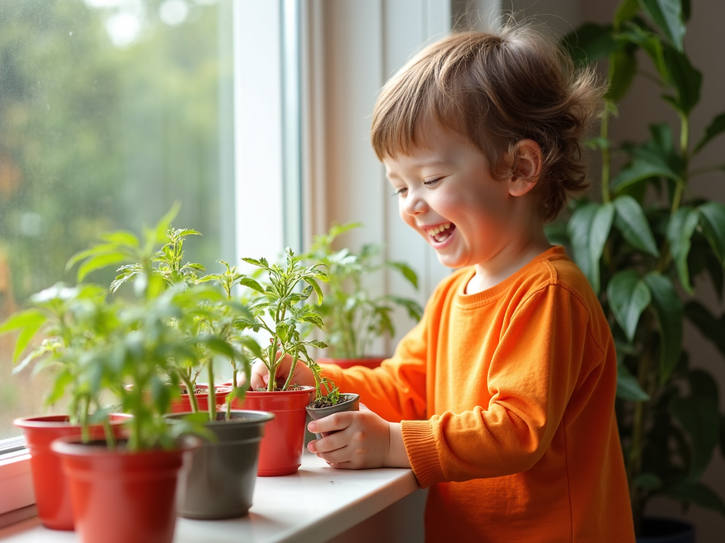 Child watering pizza garden plants