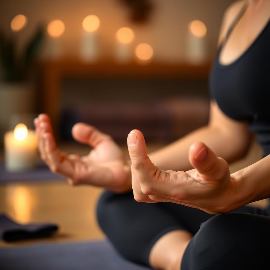 Close-up of hands in a meditative mudra during a yoga session.