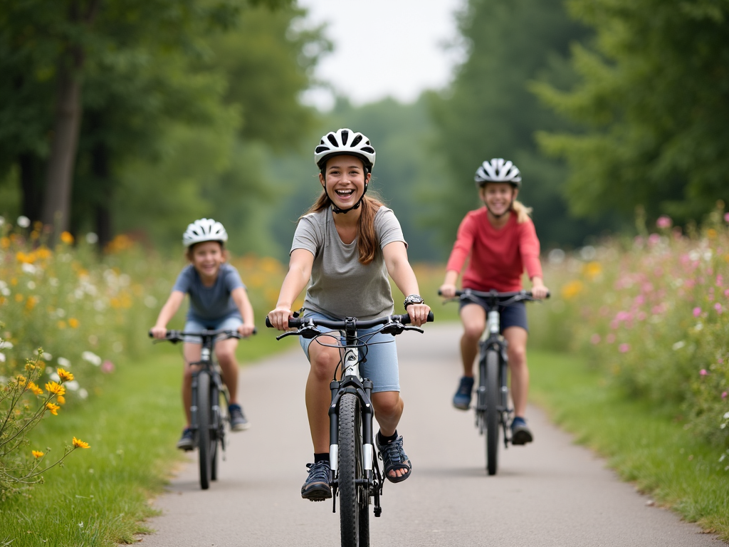 Family biking on a scenic path
