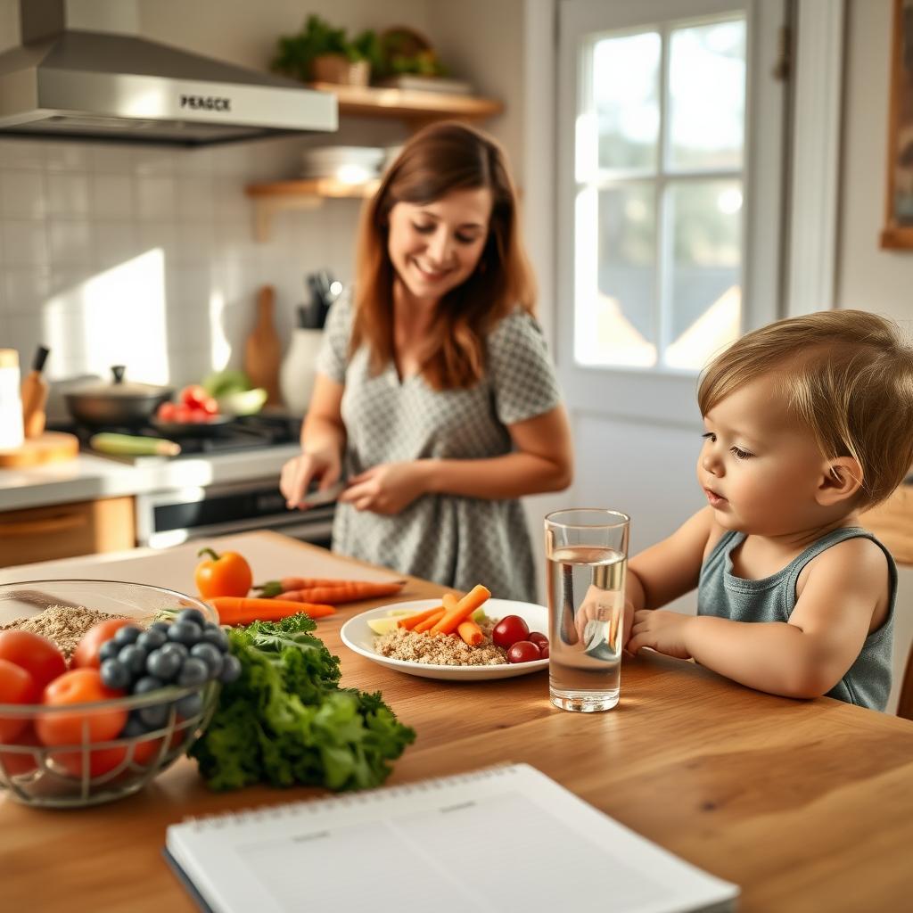 Parent preparing a meal for a child in a cozy kitchen with a food diary on the counter.