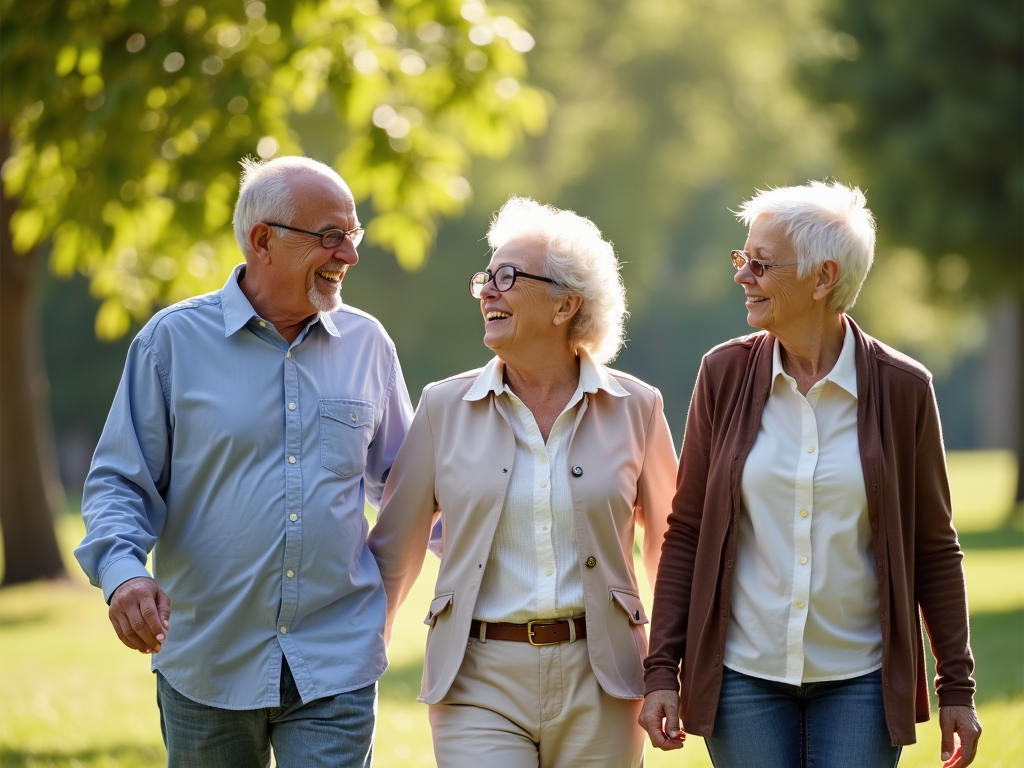 Seniors enjoying a walk in the park.