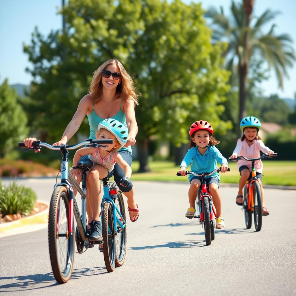 A family biking together on a beautiful day, promoting fitness and fun.
