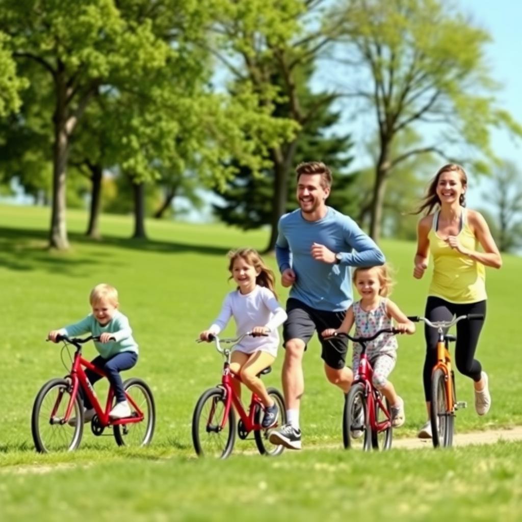 A family of four exercising together in a sunny park, jogging and biking.