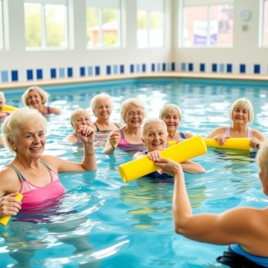 Seniors enjoying a water aerobics class in an indoor pool
