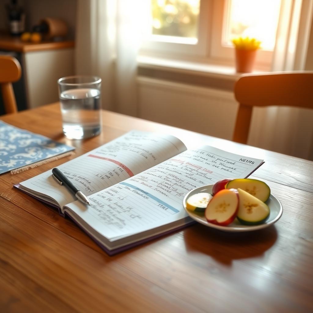 A food diary on a kitchen table with handwritten meal and symptom notes, accompanied by a pen, water glass, and sliced apples and zucchini.