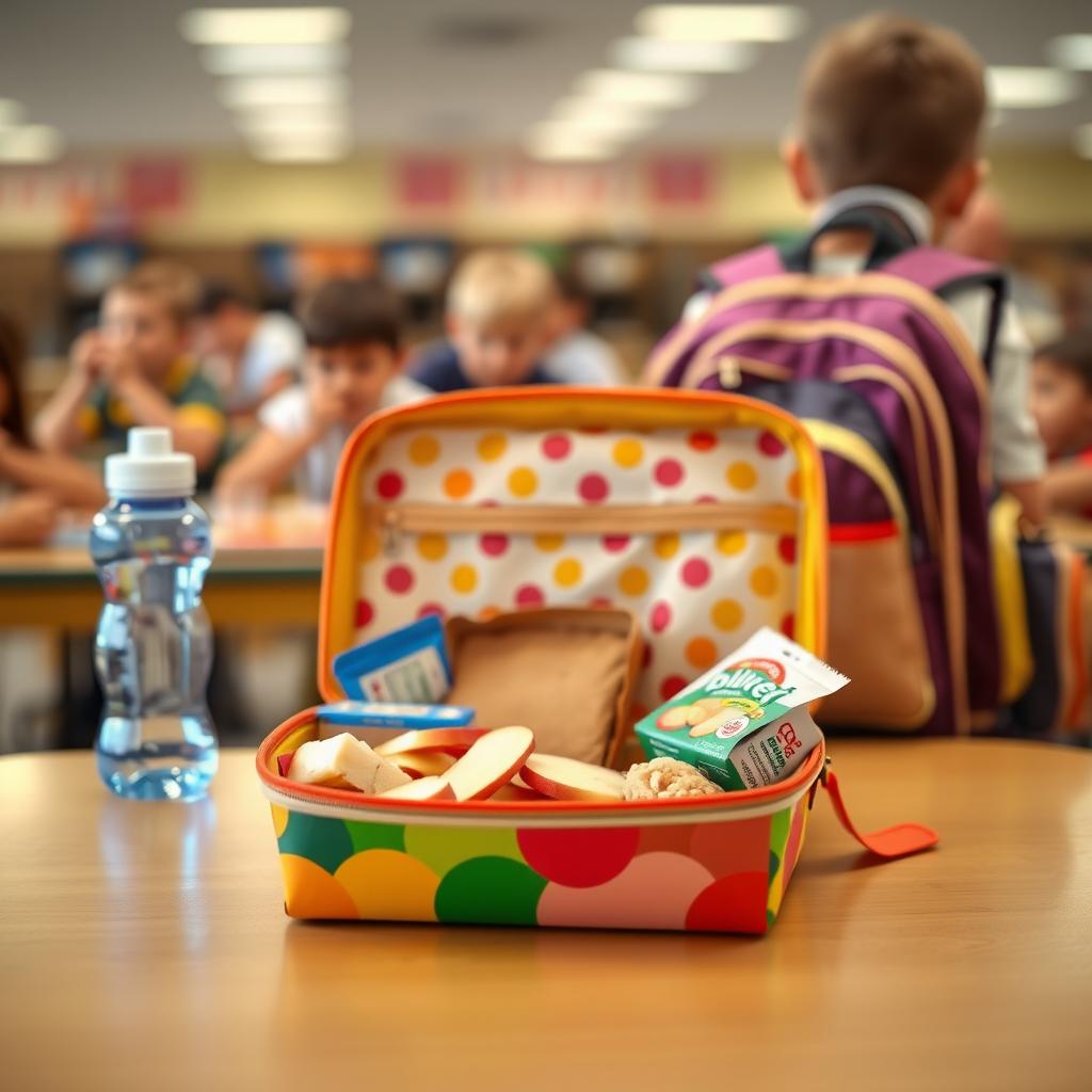 Allergy-friendly lunchbox with safe snacks on a school cafeteria table