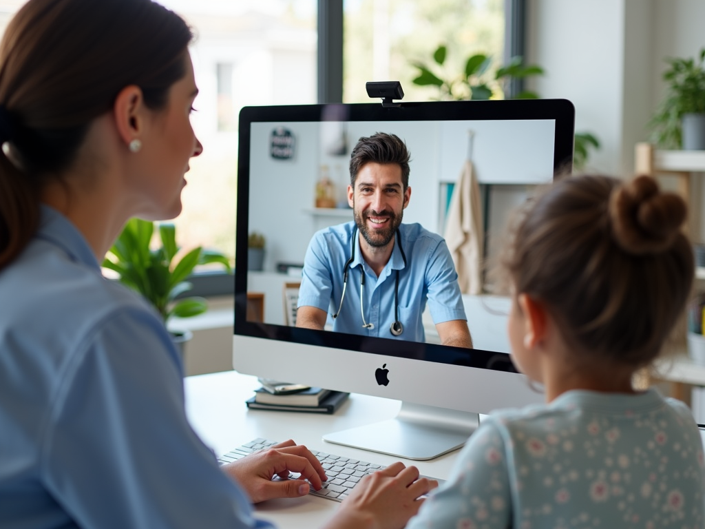 A family participating in a telehealth session.