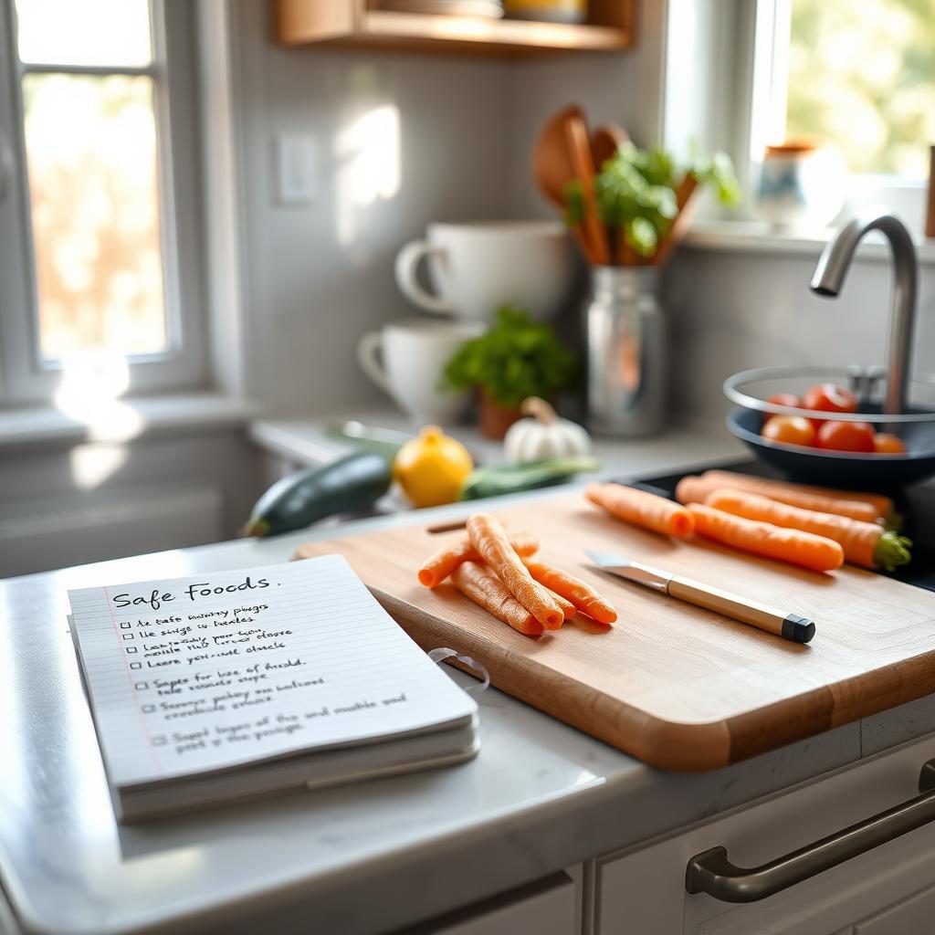 Cozy kitchen counter with fresh vegetables and a handwritten list of safe foods