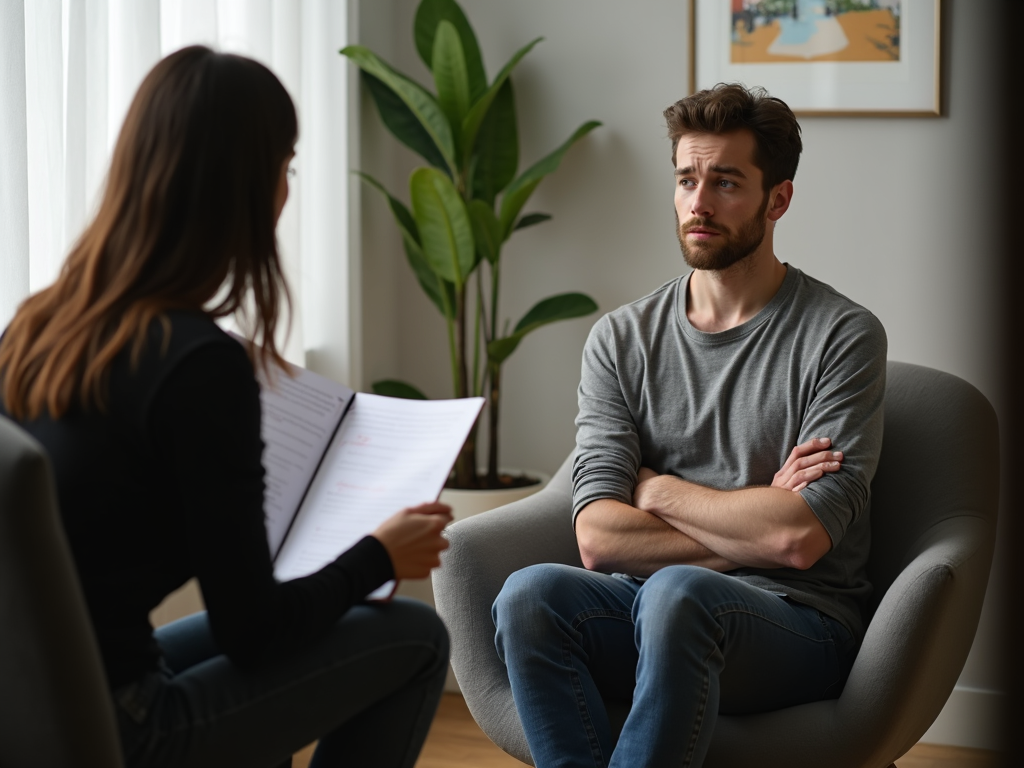 A therapy session where a person is learning about aversion therapy for phobias.