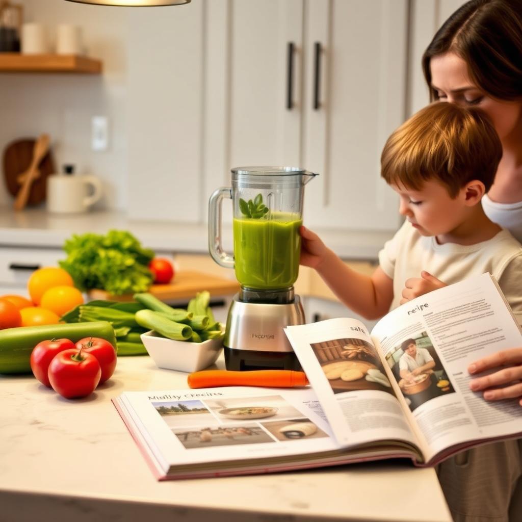 A parent and child preparing an allergen-free meal in a cozy kitchen with fresh vegetables and a green smoothie.