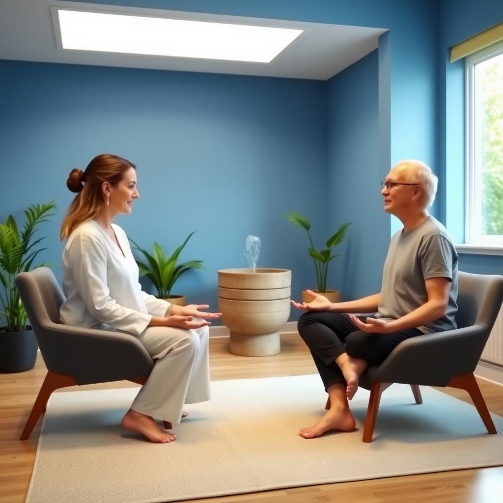 A therapist and client practicing mindfulness in a modern therapy office with blue walls and a fountain.