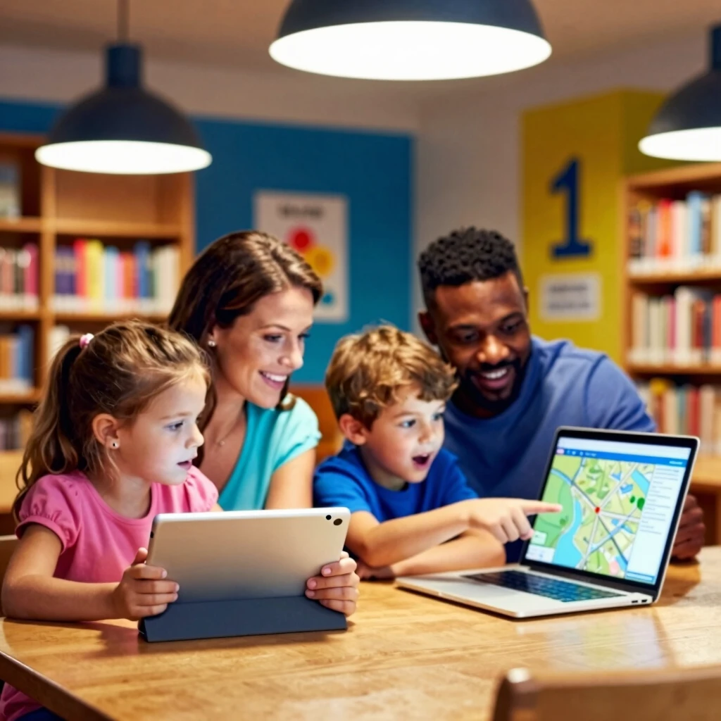 Family discovering digital treasures together at the local library