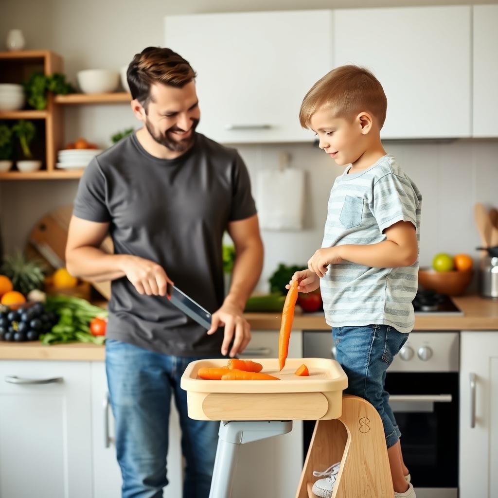 A father and son preparing vegetables for a family meal.