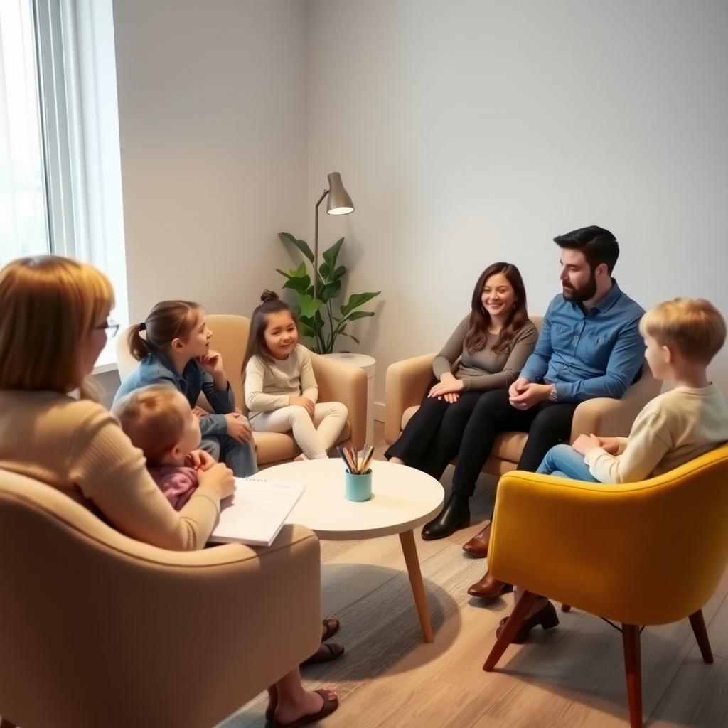 A family of four participates in a therapy session in a cozy, modern office with a therapist.