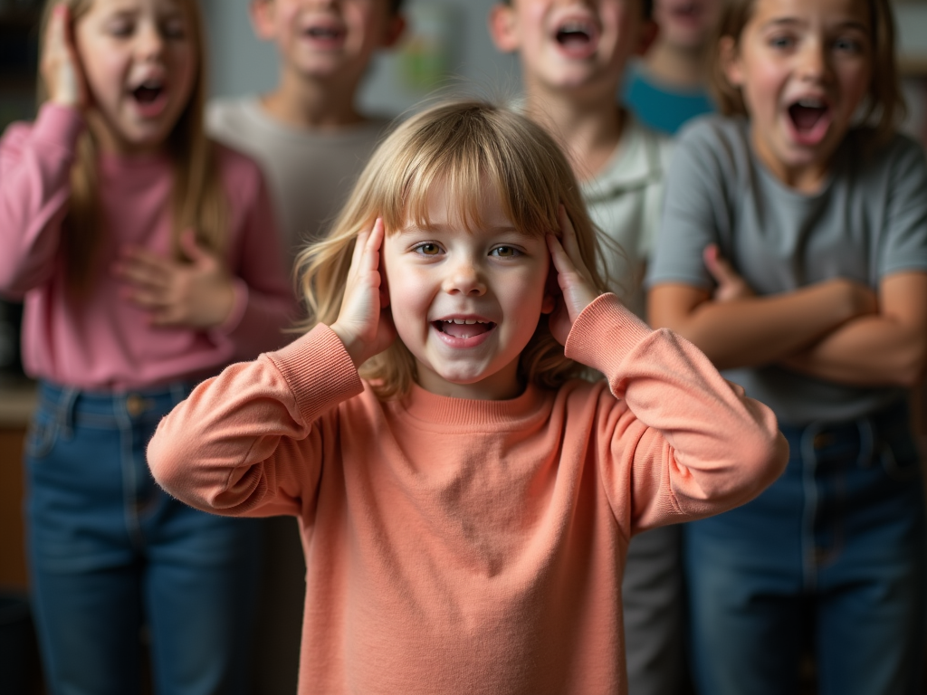 Child covering ears in noisy setting