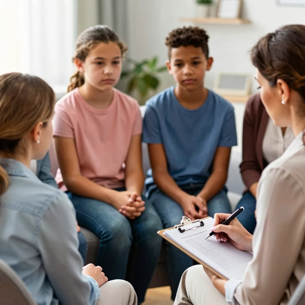 A family in a supportive therapy session, sharing openly about quitting smoking