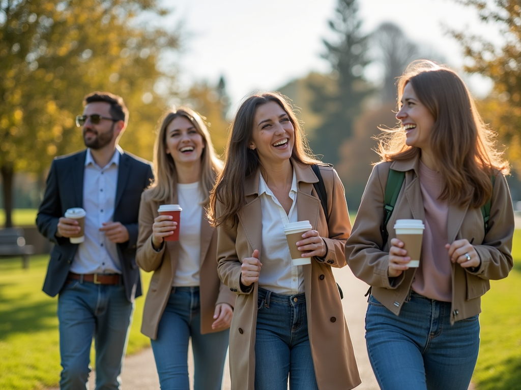 Coworkers walking in a park