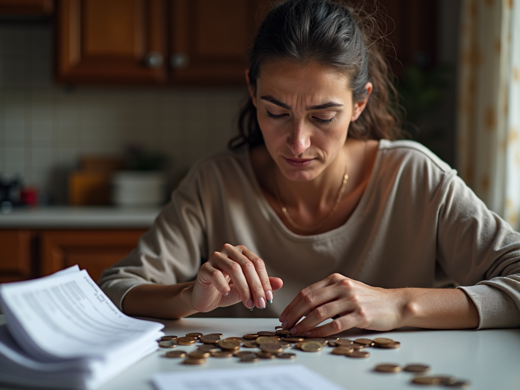 Single mother reviewing medical bills with limited funds