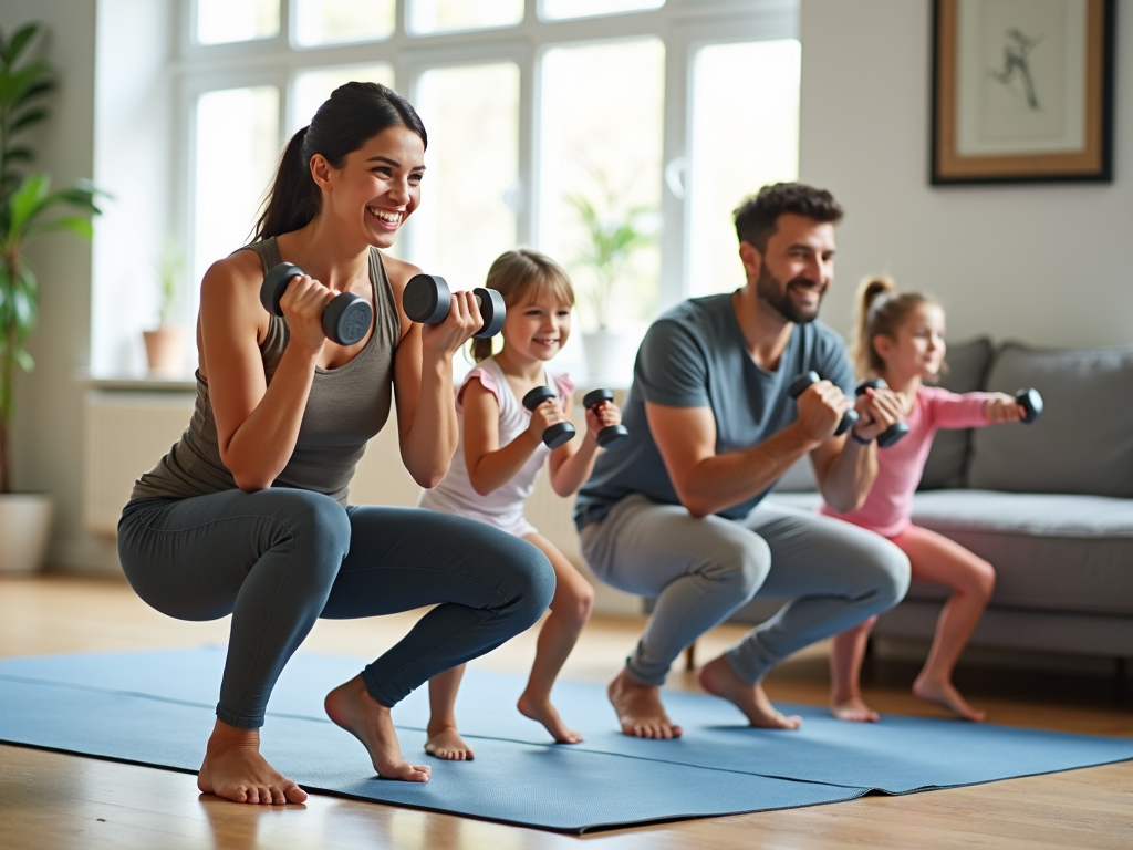 A happy family doing squats together in their living room during a fitness challenge.
